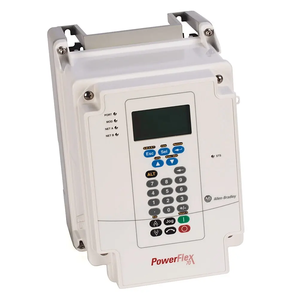 Allen-Bradley 20A,3.4 A at 2 Hp,480V AC Three Phase,IP66/NEMA/UL 4X/12 Wall,No Feedback,No Communication Module,Numeric Keypad  LCD Display,W/O EMC Filt & ComModeChoke,Brake IGBT Installed,No Internal Brake Resistor,B Frame,Enhanced Control with 24V I/O,Documentation