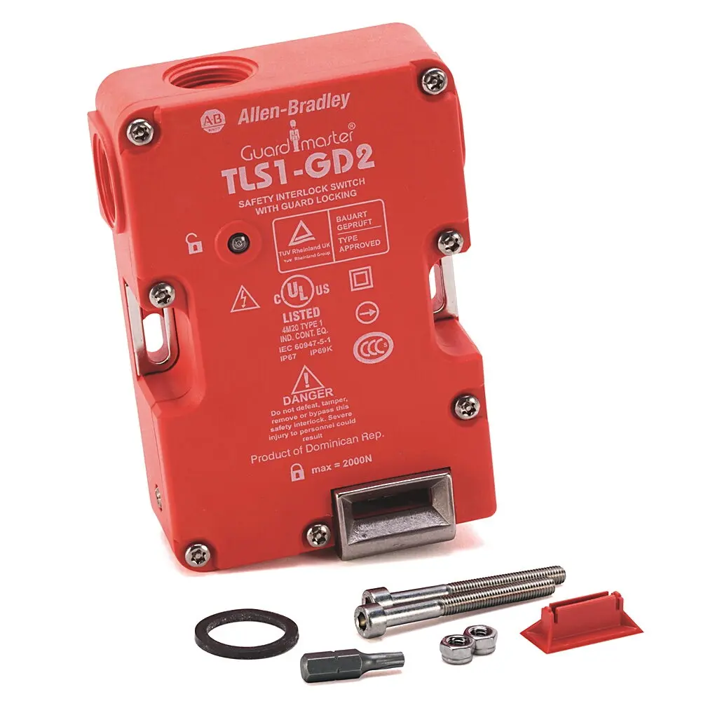 Allen-Bradley Guardlock Switch,TLS GD2,Power To Release,110V ACDC,2 N.C.,2 N.C. Safety, 1 N.O Aux,2 N.C. Safety Contacts,Break Before Make,1 N.O. Auxillary Contact,No Actuator,Guardlocking Switch,M20 Conduit,Plastic