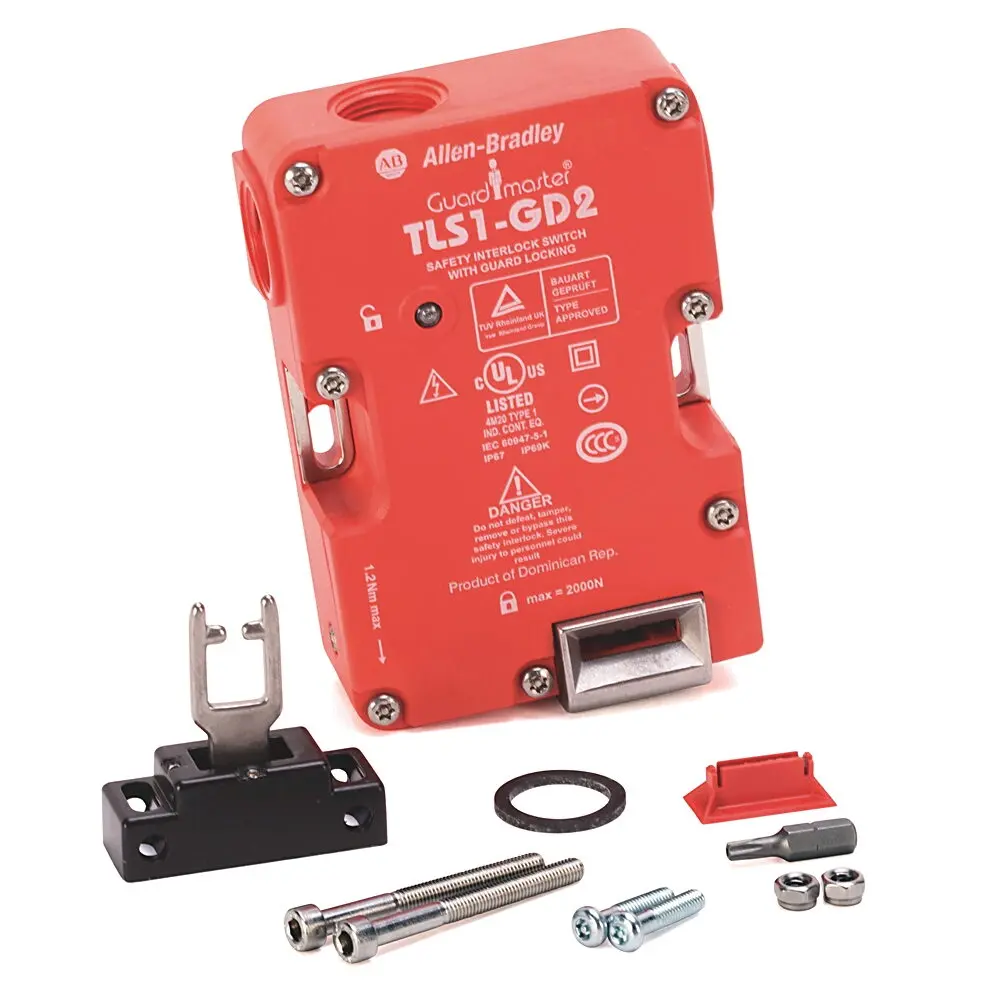 Allen-Bradley Guardlock Switch,TLS GD2,Power To Release,24V ACDC,1 N.C. 1 N.O.,2 N.C. Safety, 1 N.O Aux,2 N.C. Safety Contacts,Break Before Make,1 N.O. Auxillary Contact,Fully Flex,Guardlocking Switch,12 Pin M23 Style QD,Plastic