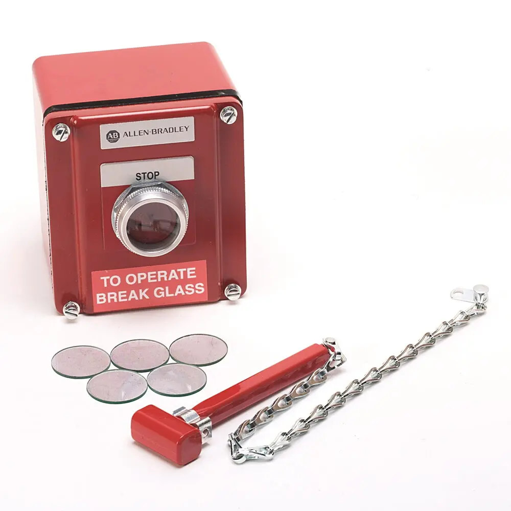 Allen-Bradley Station,30mm Push Button,Break Glass Type,Die Cast Enclosure,Type 4/13,Red,1 Unit,STOP Legend,1 NO 1 NC Standard Contacts