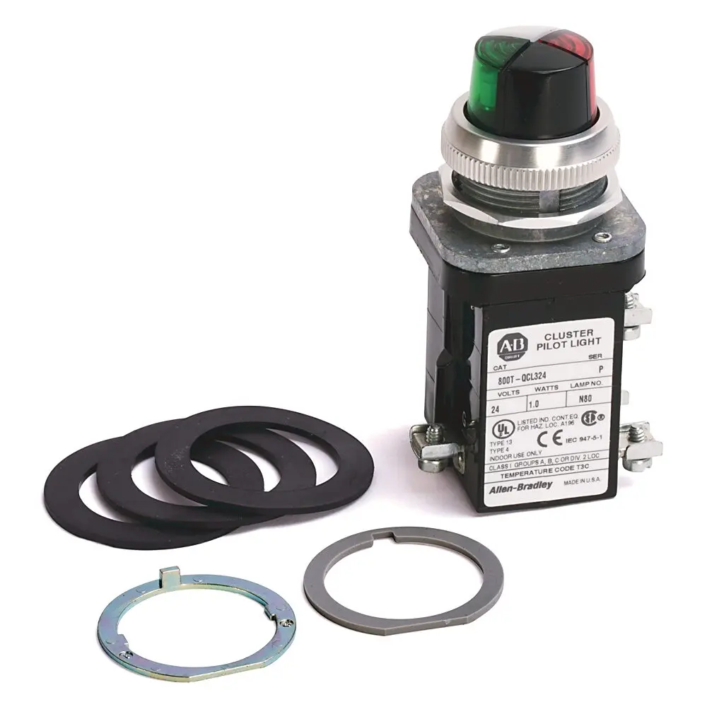 Allen-Bradley 800T PB,30mm Pilot Light,2 Unit Cluster Pilot Light,No Color (Position 1),24V AC/DC,Green (Position 2),No Color (Position 3),White (Position 4), No Guards  on Terminals,Full Voltage LED