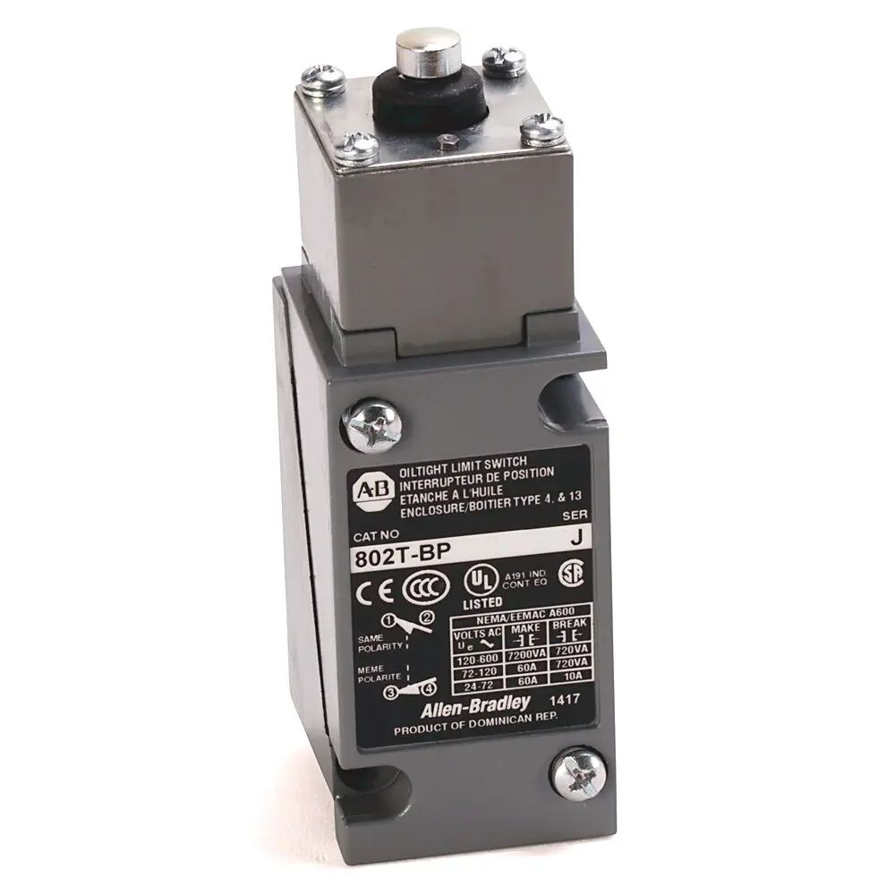 Allen-Bradley Plug In Oiltight Limit Switch,Metal,10 A Standard Energy,Adjustable Top Push Rod,2 Circuits,Conduit Entry,Standard Contacts,1 Normally Open Contact,1 Normally Closed Contact,Standard Low Temprature, 18°C,110 °C High Temp Limit,Snap Acting,1/2" NPT Thread,