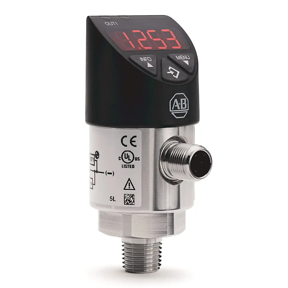 Allen-Bradley Solid State Pressure Sensor,Standard,Display/ Push Button,0 psi,1/4 NPT Male,Switch,Gauge,200 psi,1xPNP1x Analog IO Link,4 Pin DC Micro (M12),15  30V DC