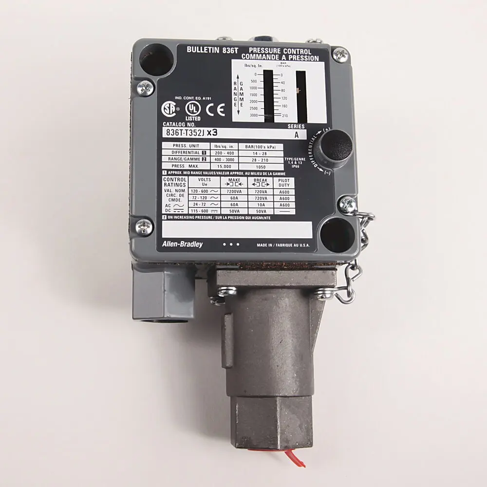 Allen-Bradley Electro Mech Pres Cntrl Sw,Pressure Control,Piston with Seal,2003000 psi Operating Range,4003000 psi Operating Range,4003000 psi Operating Range,2003000 psi Operating Range,Type 1,4 & 13 Industrial,2 Circuit Contact Block  Std.,Standard Trip/Reset Set
