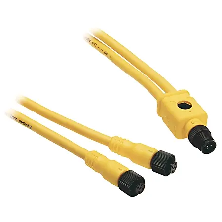 Allen-Bradley V Cable or Y Cable Splitter,Female, Straight (Int Threads),DC Micro (M12),4 Pins,Standard Materials,V Cable Male DC Micro (M12),Individual Power Wiring,Straight, Male(Ext. Threads),Individual Power Wiring,PVC Cable, Yellow, 22AWG,Standard,2.0m