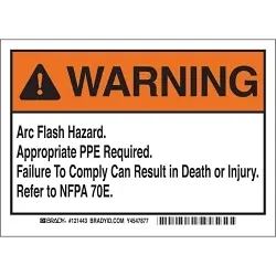 Brady 121443 Non-Reflective Rectangular Self-Adhesive Arc Flash Label, 7 in W, WARNING ARC FLASH HAZARD. APPROPRIATE PPE REQUIRED. FAILURE TO COMPLY CAN RESULT IN DEATH OR INJURY. REFER TO NFPA 70E. Legend, Black/Orange on White, 5 per Pack Labels