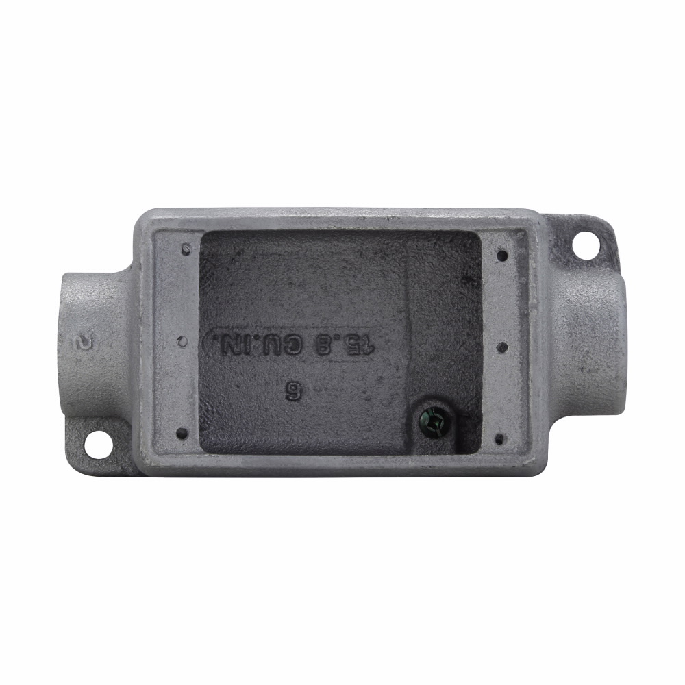 EATON Crouse-Hinds Condulet® FSCA2 3-Entry Feed-Through Hub Out Back Shallow Device Box, 3/4 in Trade, 1 Gang, Feraloy® Iron Alloy, Aluminum Acrylic Painted/Electro-Galvanized