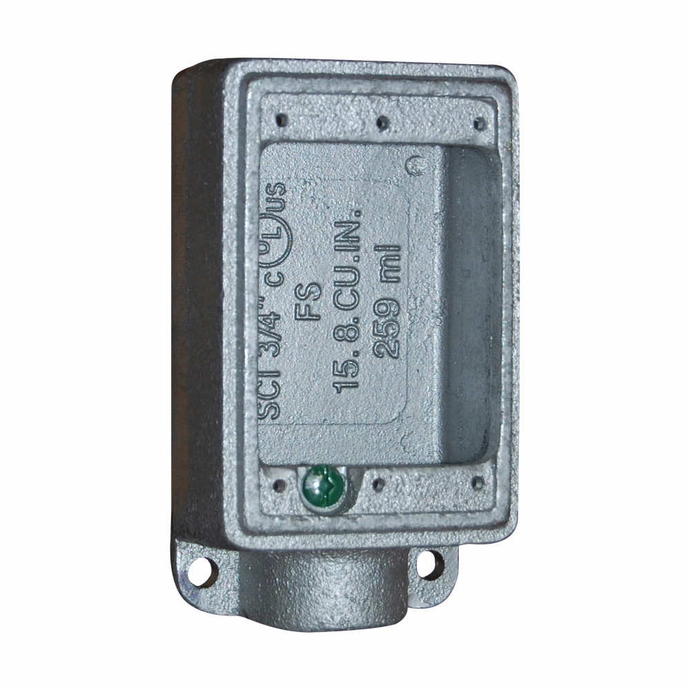 EATON Crouse-Hinds Condulet® FSM1 Shallow Device Box With Mounting Lug And Ground Screw, 1/2 in Trade, 1 Gang, Malleable Iron, Electro-Plated Zinc