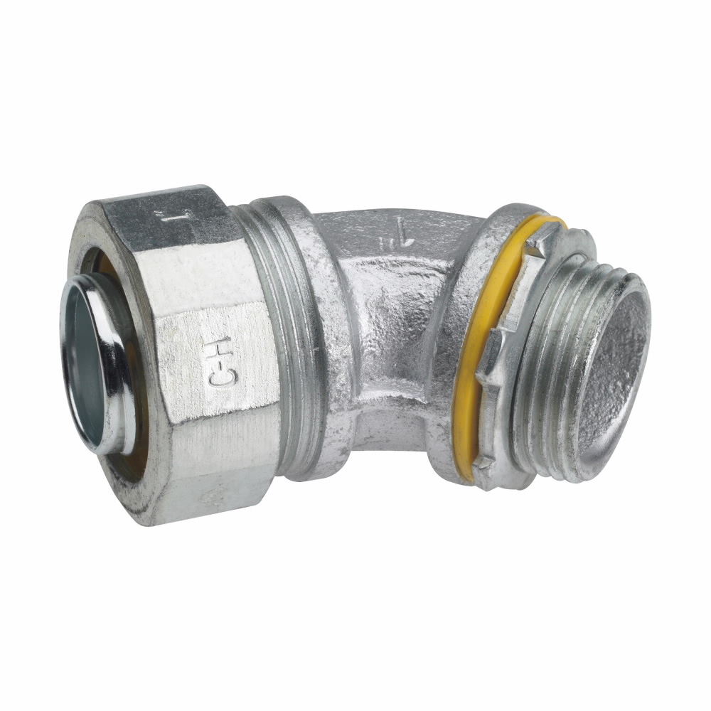 Eaton Crouse-Hinds Liquidator™ LT40045 LT Series Non-Insulated Liquidtight Conduit Connector, 4 in Trade, 45 deg, Malleable Iron, Electro-Plated Zinc