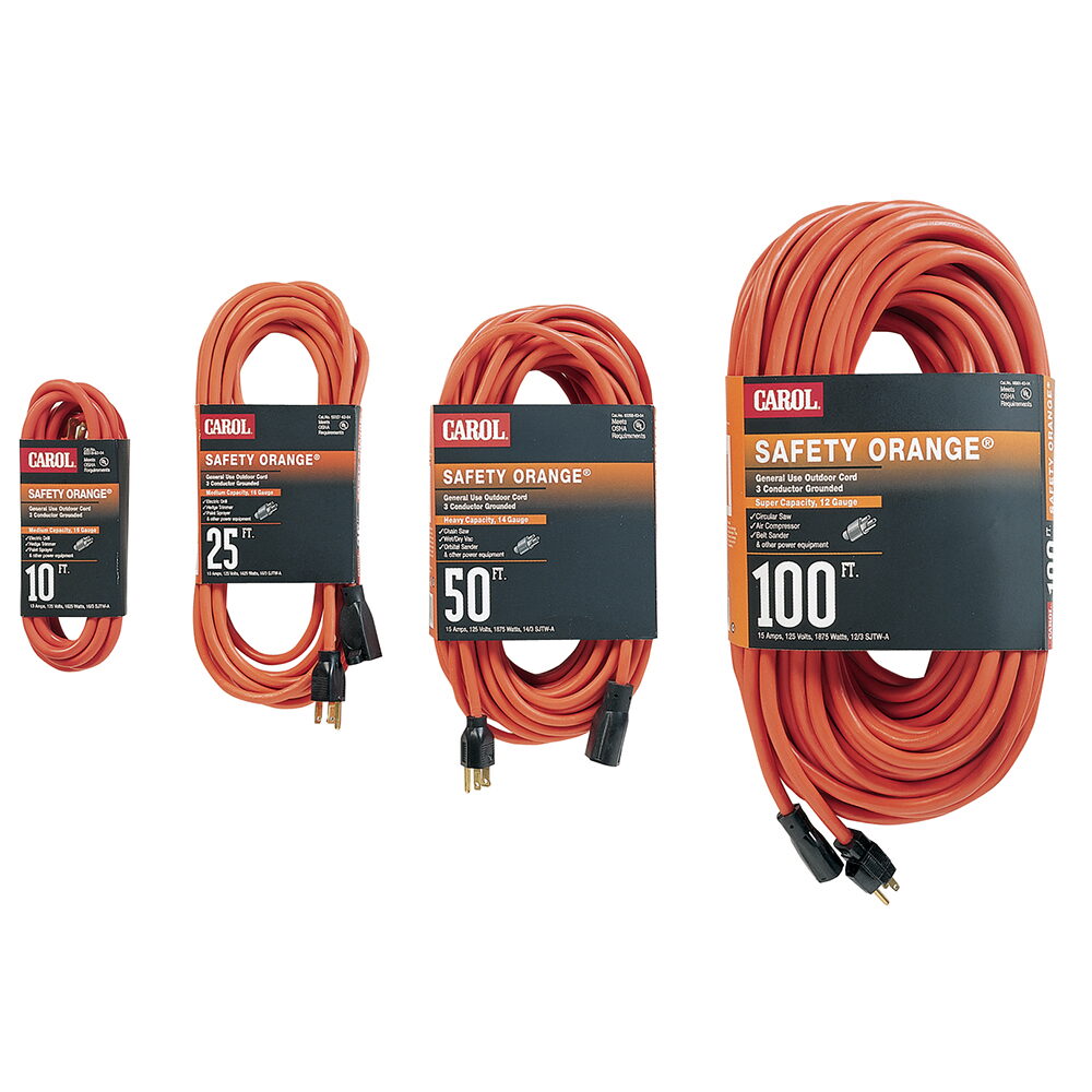 General Cable Carol® Safety Orange® 03356.63.04 Type SJTW Grounded Extension Cord, 300 V AC, 15 A, 1875 W, 50 ft L Cord, 3 Conductors