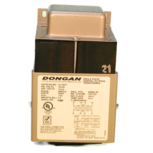 Dongan 35-1010 35 Series Dry General Purpose Ventilated Isolation Transformer, 240/480 V AC Primary, 120/240 VAC Secondary, 0.1 kVA Power Rating, 50/60 Hz, 1 Phase