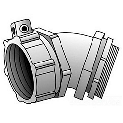 O-Z/Gedney Ground-Tite® 4Q-4300LT Concretetight Liquid Tight Oiltight Positive Grounding Raintight Conduit Connector With Lug and Insulated Throat, 3 in Trade, 1 to 4/0 AWG Cable Openings, 45 deg, Malleable Iron, Zinc Electroplated