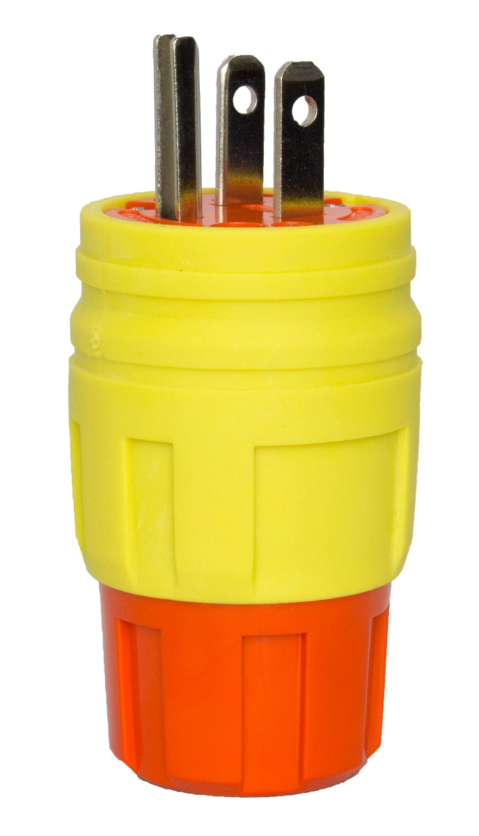 Ericson Perma-Kleen™ 1510-PW6P-AM 1-Phase Grounding Watertight Straight Blade Plug, 125 V AC, 15 A, 2 Poles, 3 Wires, Orange/Yellow