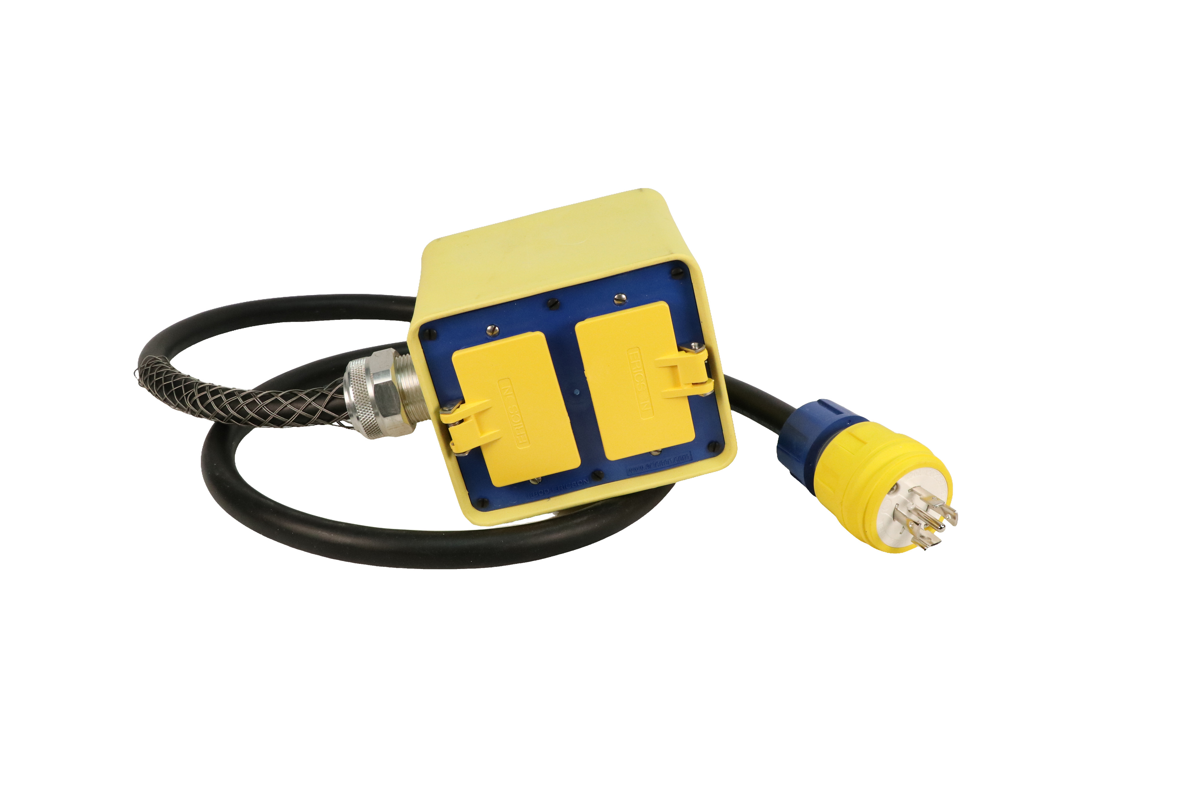 Ericson CDU CORDSET 16 AMP 120Y208V 6FT AWG 12/5 SOOW BLACK CABLE INPUT PLUG = NEMA L21-20 OUTPUT BOX = 8000 SERIES WITH 3 NEMA 5-20 DUPLEX GFCI W/ FLIP COVERS