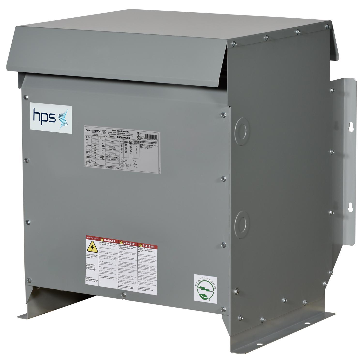 HPS SG3A0030BB Sentinel® G Energy Efficient General Purpose Distribution Transformer, 208 Delta V AC Primary, 208Y/120 VAC Secondary, 30 kVA Power Rating, 60 Hz, 3 Phase