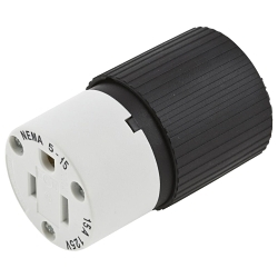 Hubbell Wiring Device-Kellems 515C Female Standard Sized Straight Cord Mount Connector Body, 125 V AC, 15 A, 2 Poles, 3 Wires, Black