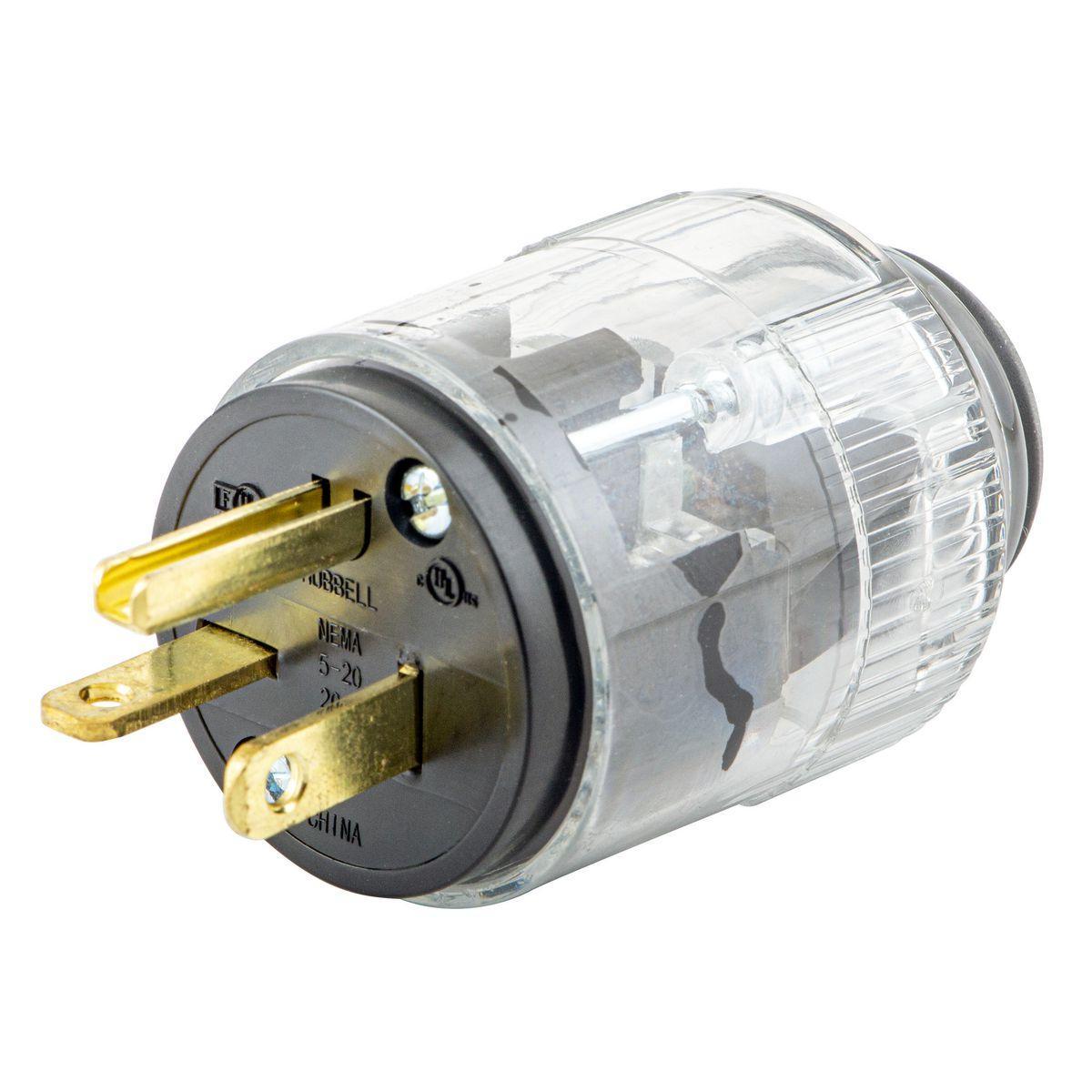 Hubbell Wiring Device-Kellems 520LP Illuminated Male Straight Blade Plug, 125 V, 20 A, 2 Poles, 3 Wires, Clear