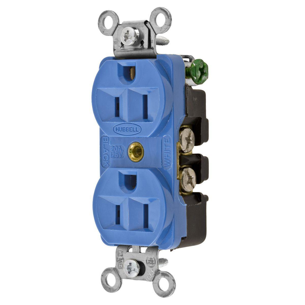 Hubbell Wiring Device-Kellems 5262BL 1-Phase Duplex Self-Grounding Heavy Duty Standard Traditional Screw Mount Straight Blade Receptacle, 125 VAC, 15 A, 2 Poles, 3 Wires, Blue