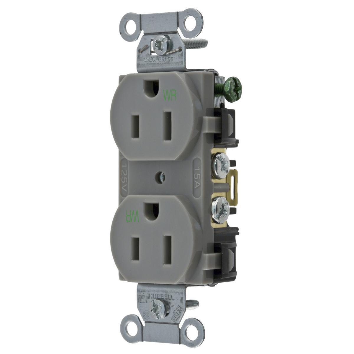 Hubbell Wiring Device-Kellems BR15GRYWR 1-Phase Duplex Self-Grounding Standard Traditional Weather Resistant Screw Mount Straight Blade Receptacle, 125 V AC, 15 A, 2 Poles, 3 Wires, Gray