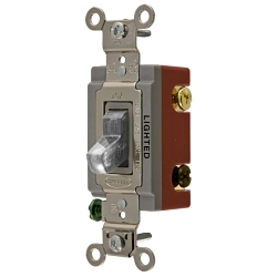Hubbell Wiring Device-Kellems HBL® HBL1223ILC HBL® 3-Way Extra Heavy Duty General Purpose Illuminated Standard Toggle Switch, 120 to 277 V AC, 20 A, 5540 W Power Rating, 2-Position Contact