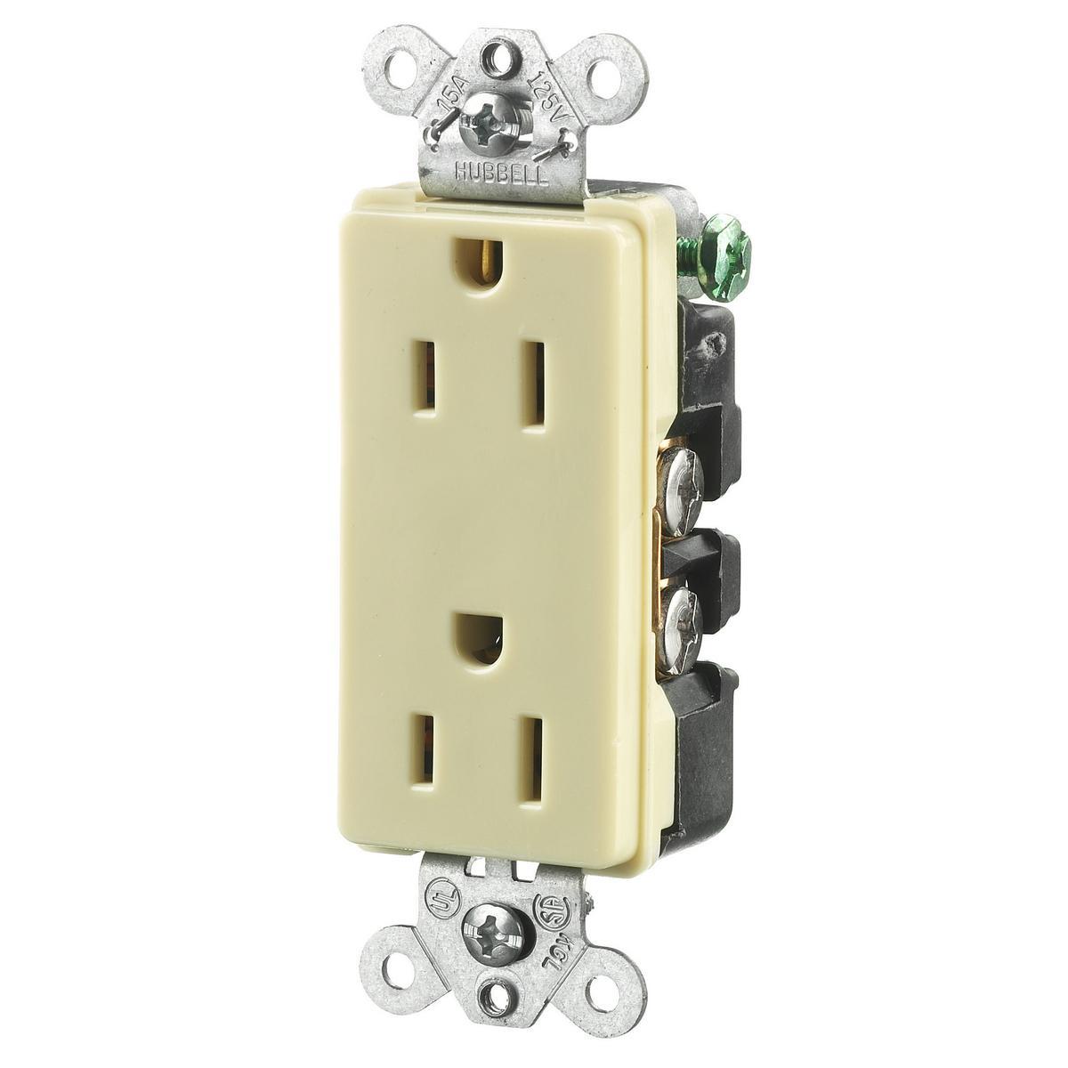 Hubbell Wiring Device-Kellems HBL® Style Line® HBL2152I HBL® 1-Phase Decorator Duplex Heavy Duty Self-Grounding Standard Screw Mount Straight Blade Receptacle, 125 V AC, 15 A, 2 Poles, 3 Wires, Ivory