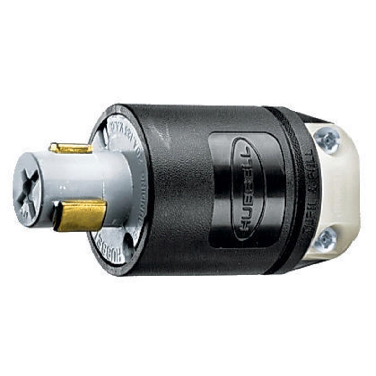 Hubbell Wiring Device-Kellems Hubbellock® HBL23014HGB 1-Phase Grounding Male Cord Mount Locking Plug, 125 V AC, 20 A, 2 Poles, 3 Wires, Black/White