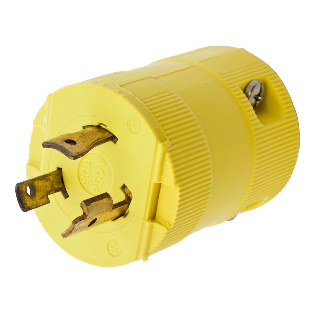 Hubbell Wiring Device-Kellems Twist-Lock® Valise® HBL2321VY 1-Phase Grounding Male Standard Cord Mount Locking Plug, 250 V AC, 20 A, 2 Poles, 3 Wires, Yellow
