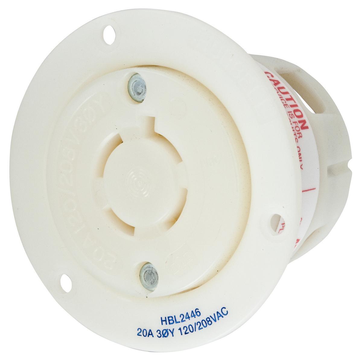 Hubbell Wiring Device-Kellems Insulgrip® Twist-Lock® HBL2446 3-Phase Standard Screw Mount Flanged Receptacle, 120/208 V AC, 20 A, 4 Poles, 4 Wires, White