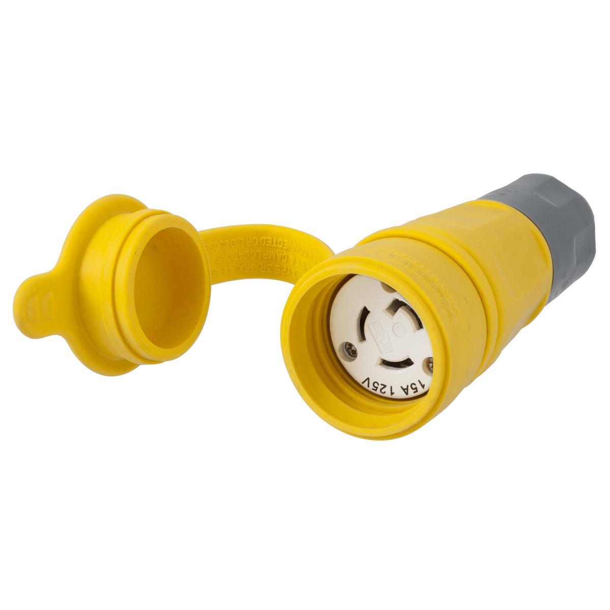 Hubbell Wiring Device-Kellems HBL25W47A Watertight Grounding Heavy Duty Shrouded Watertight Cord Mount Locking Connector, 125 V AC, 15 A, 2 Poles, 3 Wires, Yellow