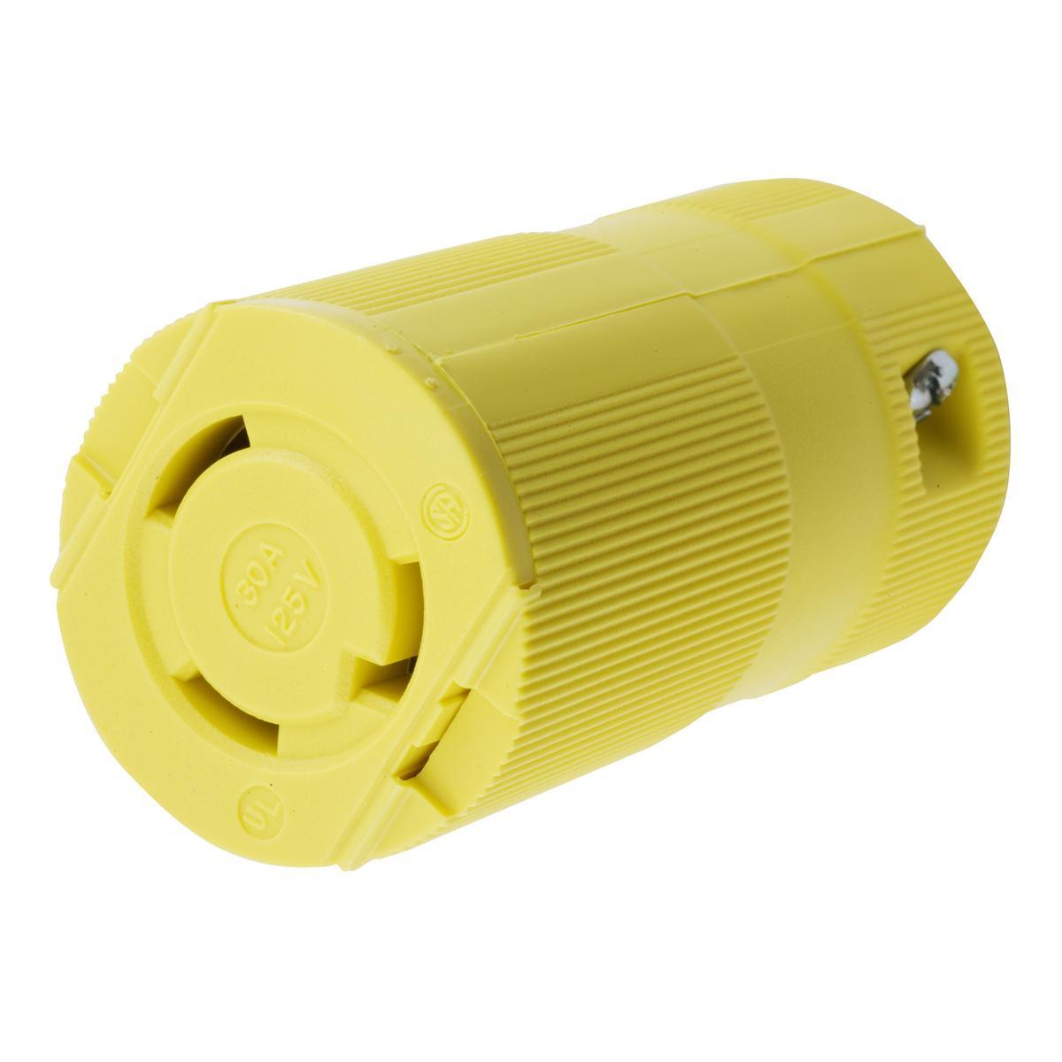Hubbell Wiring Device-Kellems HBL2613VY Heavy Duty Isolated Grounding Standard Sized Cord Mount Female Connector, 125 V AC, 30 A, 2 Poles, 3 Wires, Yellow