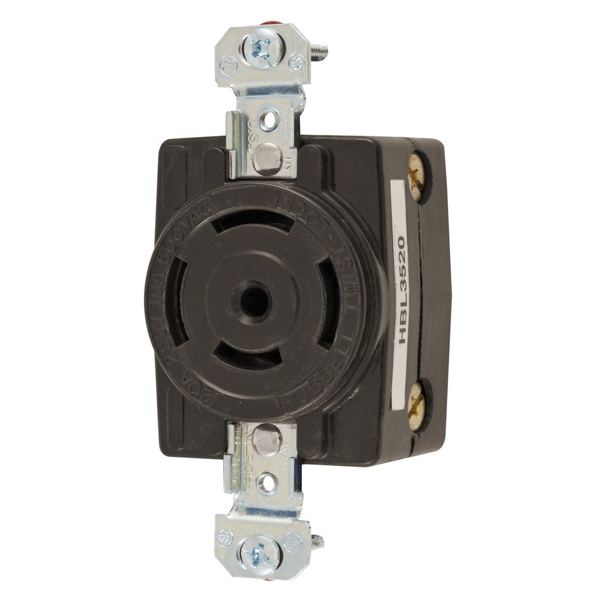 Hubbell Wiring Device-Kellems Twist-Lock® HBL3520 HBL® Flush Grounding Multi-Phase Single Standard Screw Mount Locking Receptacle, 250/600 V AC, 10/20 A, 4 Poles, 5 Wires, Black
