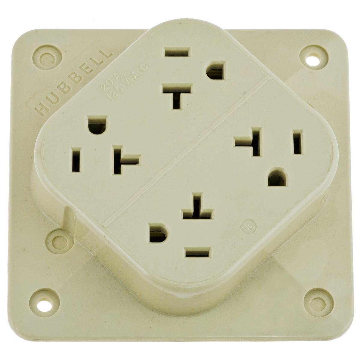 Hubbell Wiring Device-Kellems 4-PLEX® HBL420I 1-Phase 4-in-1 Grounding Standard Screw Mount Straight Blade Receptacle, 125 V AC, 20 A, 2 Poles, 3 Wires, Ivory