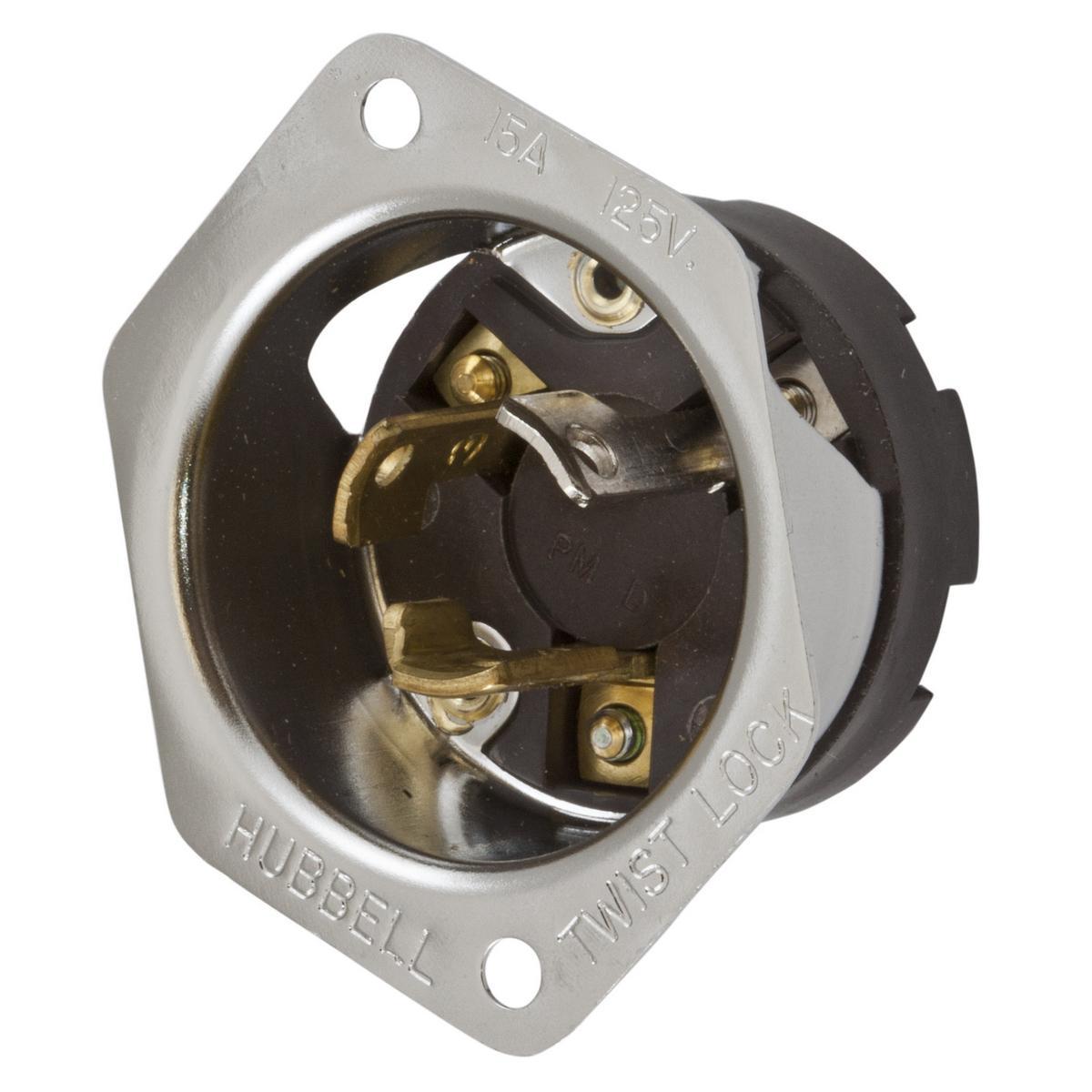 Hubbell Wiring Device-Kellems HBL4716 1-Phase Grounding Standard Screw Mount Locking Flanged Inlet, 125 V AC, 15 A, 2 Poles, 3 Wires, Black