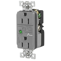 Hubbell Wiring Device-Kellems Wiring Device-Kellems HBL5262GYSA Duplex Receptacle with Light and Alarm, 125 V, 15 A, Gray