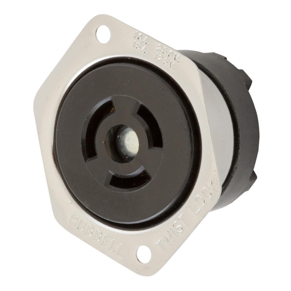 Hubbell Wiring Device-Kellems Twist-Lock® HBL7557 1-Phase Heavy Duty Non-Grounding Standard Screw Mount Locking Flanged Receptacle, 125/250 V AC, 10/15 A, 3 Poles, 3 Wires, Black
