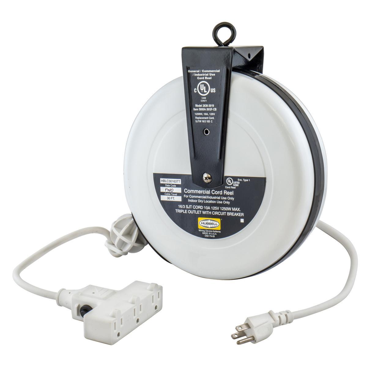 Hubbell Wiring Device-Kellems HBLC30163TT Heavy Duty Cord and Cable Reel With Triple Tap Outlet, 125 VAC, 10 A, 30 ft L Cord, 16 AWG Conductor