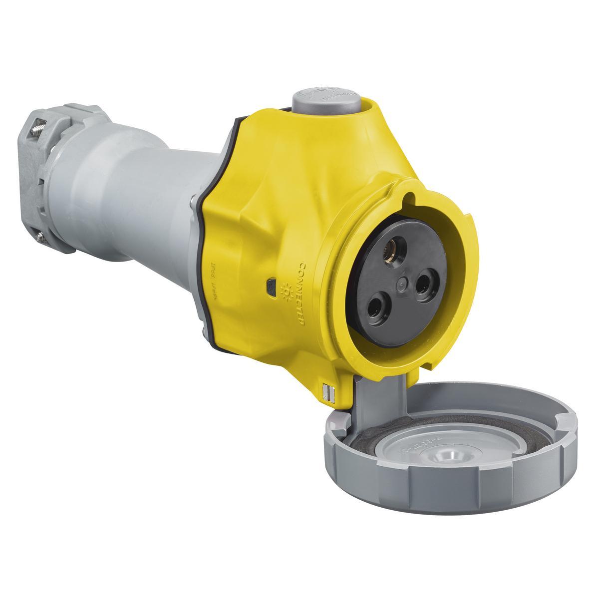 Hubbell Wiring Device-Kellems Advantage™ HBLS330C4W Advantage™ 1-Phase Female Heavy Duty Non-Metallic Standard Sized Watertight Cord Mount Pin and Sleeve Connector, 125 V AC, 30 A, 2 Poles, 3 Wires, Yellow