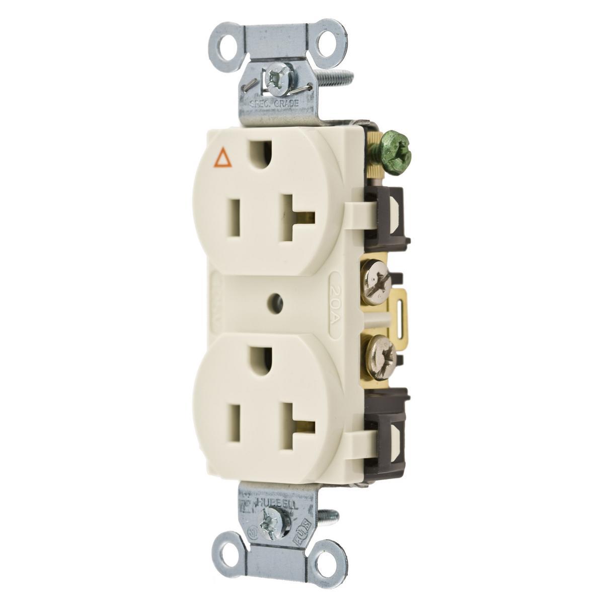 Hubbell Wiring Device-Kellems IG20CRLA 1-Phase Commercial Grade Corrosion-Resistant Duplex Ground Isolated Smooth Face Standard Traditional Screw Mount Straight Blade Receptacle, 125 V AC, 20 A, 2 Poles, 3 Wires, Light Almond