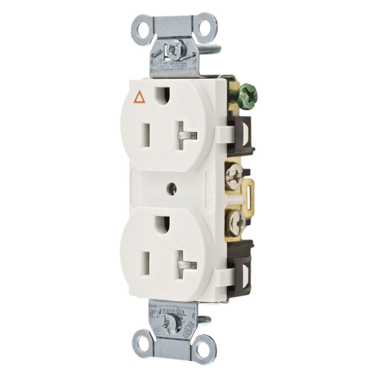Hubbell Wiring Device-Kellems Hubbell-PRO IG5352WTR 1-Phase Duplex Heavy Duty Standard Traditional Tamper-Resistant Screw Mount Straight Blade Receptacle, 125 V AC, 20 A, 2 Poles, 3 Wires, White