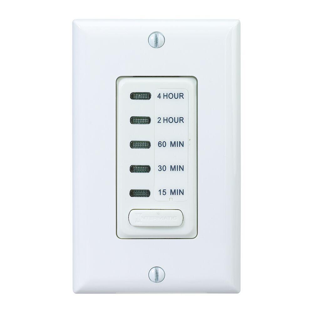 Intermatic EI215W EI200 Auto Shut-Off In-Wall Electronic Countdown Timer, 15/30/60 min to 2/4 hr Setting, 120 V AC, 1/2 hp, 1NO 1 Form A SPST Contact, 1 Poles