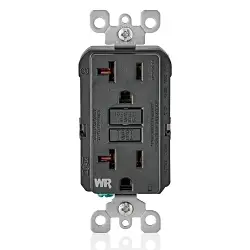 Leviton SmartlockPro® Slim® GFWR2-E Feed Through Non-Tamper Resistant Weather Resistant Self-Test GFCI Receptacle With LED Indicator, 125 V AC, 20 A, 2 Poles, 3 Wires, Black