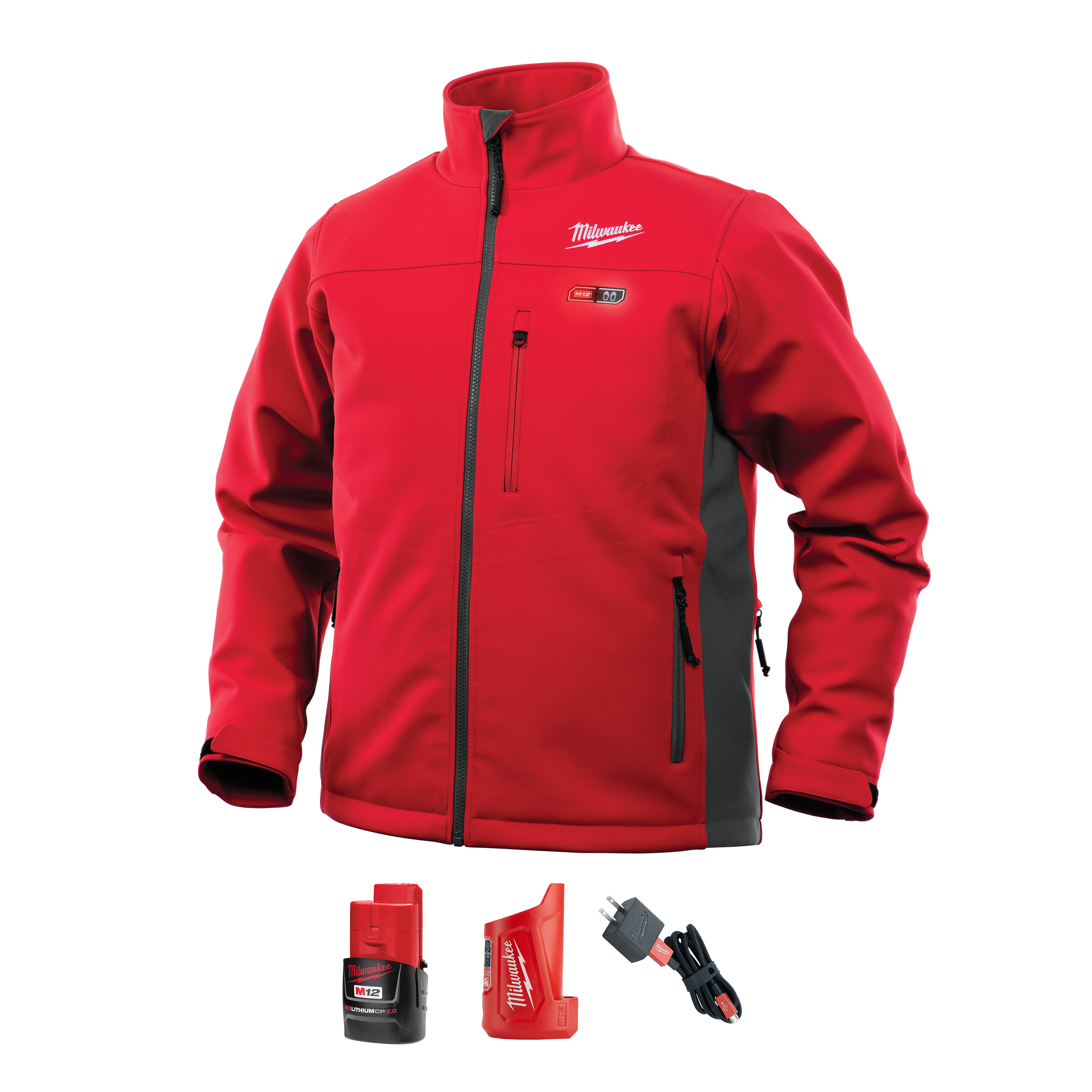 Milwaukee 202R-21L Insulated Heated Jacket Kit, L, Red, Polyester/Brushed Tricot Lining, 42 to 44 in Chest, Resists: Water and Wind