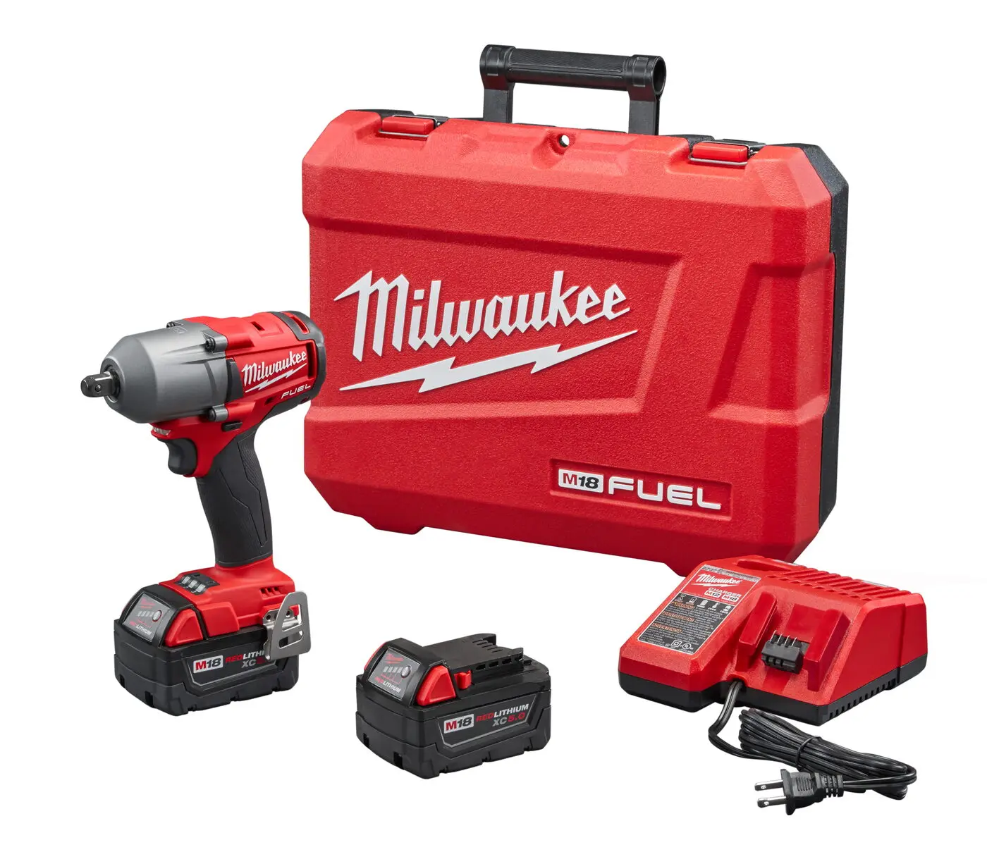 Milwaukee M18™ FUEL™ 2860-22 Mid Torque Cordless Impact Wrench Kit, 1/2 in Square Drive, 3000 bpm, 600 ft-lb Torque, 18 VDC, 6.77 in OAL