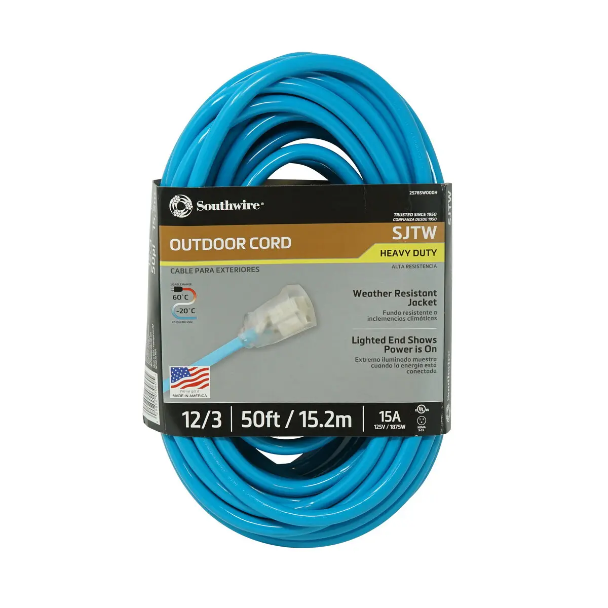 Southwire 2578SW000H Heavy Duty High Visibility Extension Cord With Power Light Indicator, 125 V, 15 A, 1875 W, 100 ft L Cord, 3 Conductors