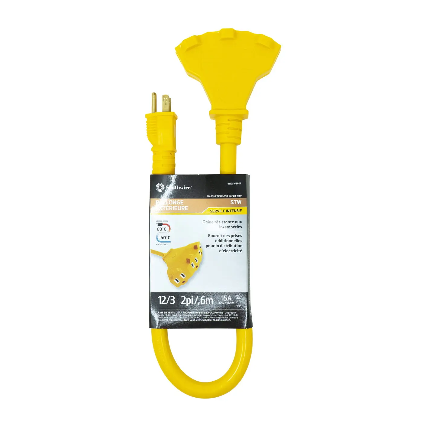 Southwire 4112SW8802 Type STW Trisource Extension Cord Set, 15 A at 125 V AC, 2 ft L Cord, 3 Conductors