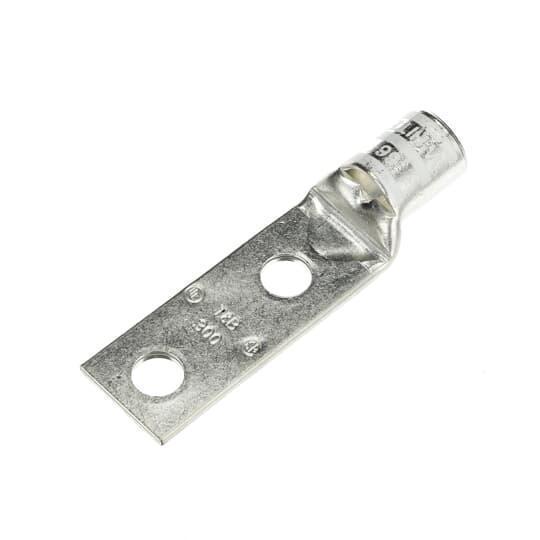 Color-Keyed 54280 54200 2-Hole Non-Insulated Compression Lug Connector With Peep Hole, 300 kcmil Copper Conductor, Die Code: 66, 1/2 in Stud, Copper