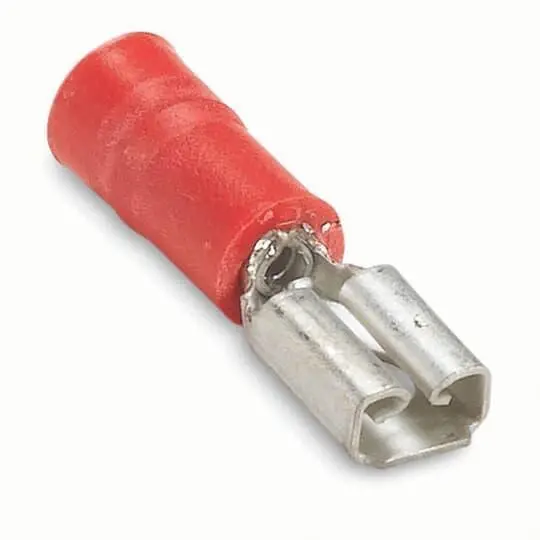 Sta-Kon RAD1827 187 Female Disconnect, 22 to 18 AWG Conductor, 0.187 in W x 0.02 in THK Tab, Internal Serration Long Barrel, Brass, Red, Insulated