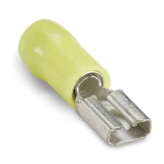Sta-Kon RC10-250F Female Disconnect, 12 to 10 AWG Conductor, 0.25 in W x 0.032 in THK Tab, Brazed Seam Barrel, Brass, Yellow, Insulated