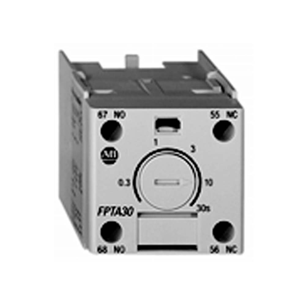 Allen-Bradley 100-FPTB180 pneumatic timing module for Bulletin 100 IEC contactors and starters, DPST contact configuration. Adds on-delay or off-delay