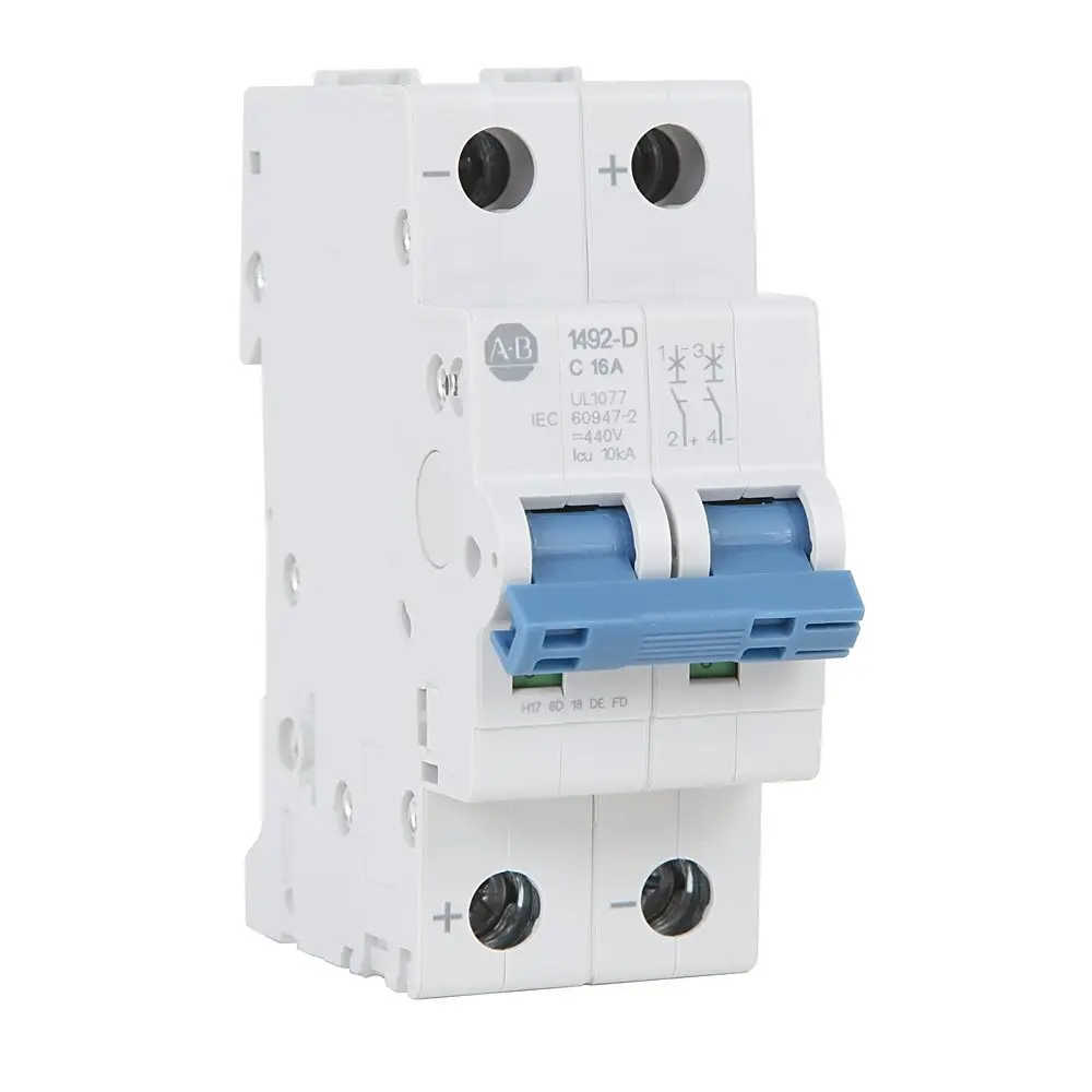 Allen-Bradley 1492-D2C016 Bulletin 1492 miniature circuit breaker, 2-pole, 1.6A rated current, Type C tripping characteristic. Supplementary protector